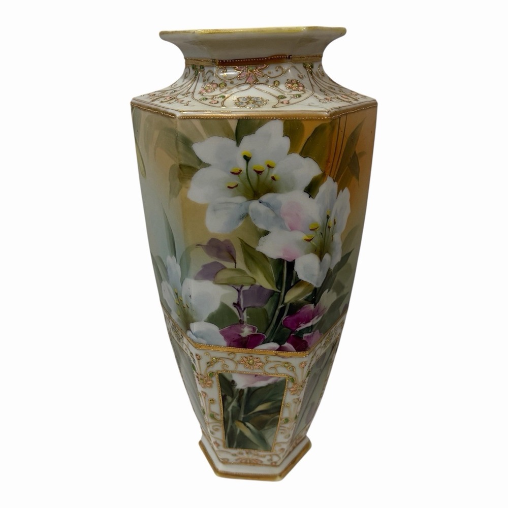 Antique Nippon Hand Painted Floral Moriage Vase White Lillies Gold Gilding 13.5"